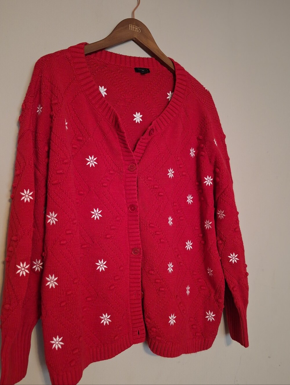 Red V-Neck Cardigan Sweater with White Star Motif - Brand: Talbots - Size 2x